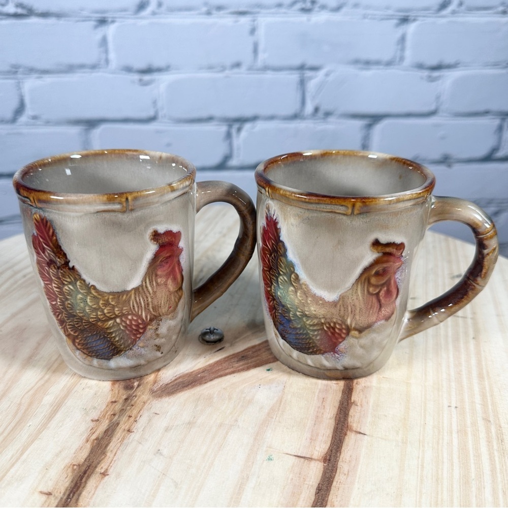 Vtg Otagiri Style Colorful Rooster Coffee Mugs Set Of 2 Cottagecore Farmhouse